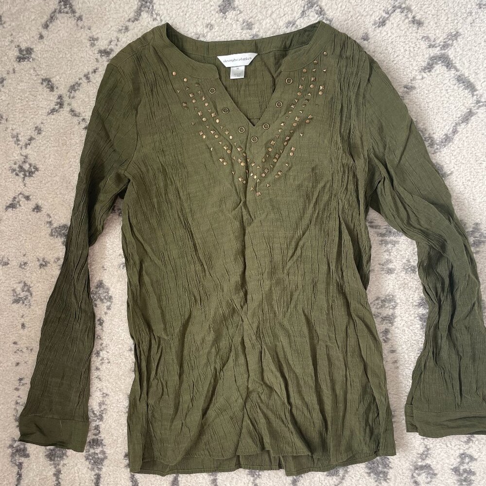 Christopher & Banks Olive Green Embellished Crinkle Top - M